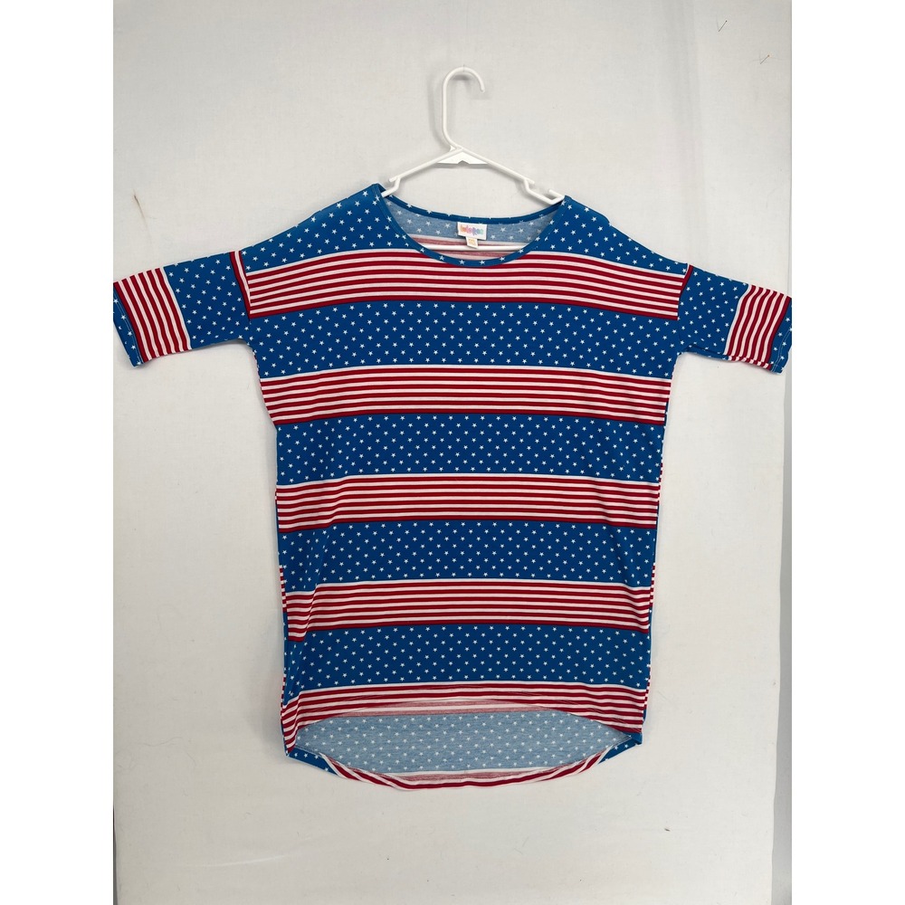 LuLaRoe Irma Tunic Top XXS Americana Stars Stripes Red White Blue High Low Hem